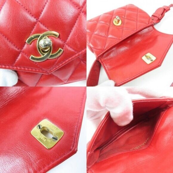 Authentic CHANEL CC Vintage Matelasse Lambskin Waist Pouch Bum Bag Leather Red - Picture 11 of 16